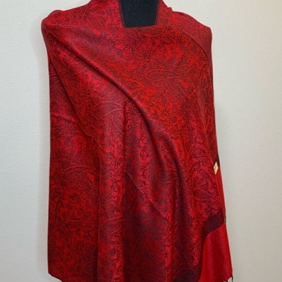 NWOT Beautiful Silk Blend Red & Black Pashmina - Picture 4 of 5